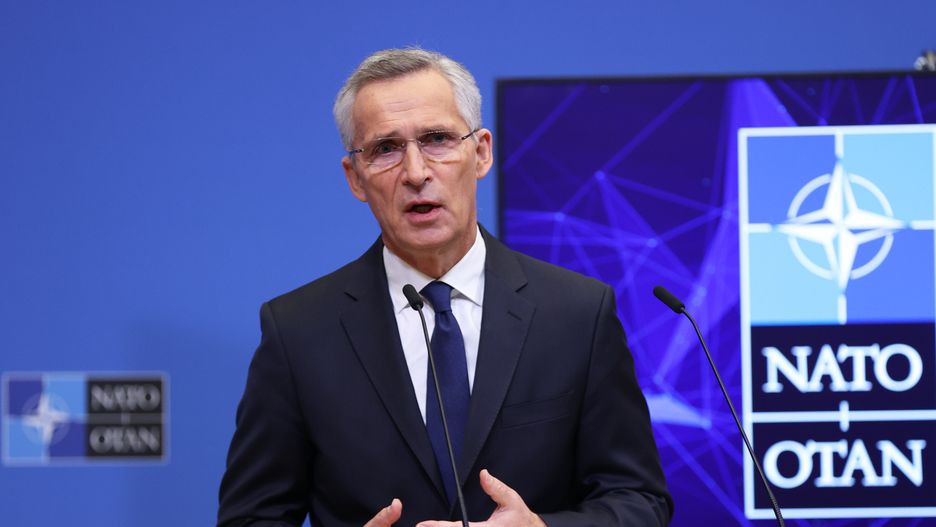 BRUSSELS, BELGUIM - NOVEMBER 25: NATO Secretary General Jens Stoltenberg makes a speech as he holds a press conference ahead of the NATO Foreign Ministers meeting to be held in Romania on 29 and 30 Nov. in Brussels, Belgium on November 25, 2022. (Photo by Dursun Aydemir/Anadolu Agency via Getty Images)