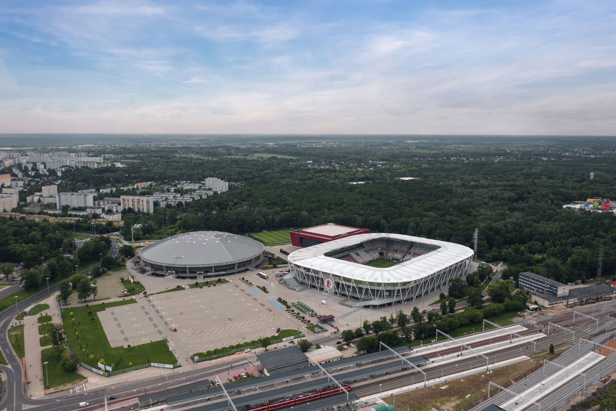 atlas arena, sport arena, stadium, kaliska, polesie, lodz, stadion miejski, króla, aerial, ekstraklasa, football, architecture, championship, city, club, drone, europe, exterior, facade, fc, grass, landmark, landscape, league, poland, skyline, soccer, summer, view