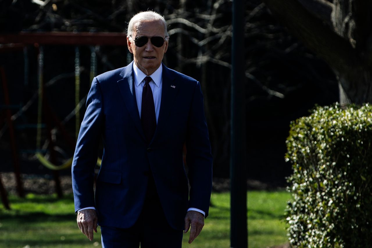 US President Joe Biden walks on the South Lawn of the White House before boarding Marine One in Washington, DC, US, on Tuesday, Feb. 20, 2024. Biden raised $42 million for his reelection campaign and the Democratic Party in January and is now heading to the West Coast for events with deep-pocketed donors, including billionaire Haim Saban and entertainment mogul Casey Wasserman. Photographer: Samuel Corum/Sipa/Bloomberg via Getty Images