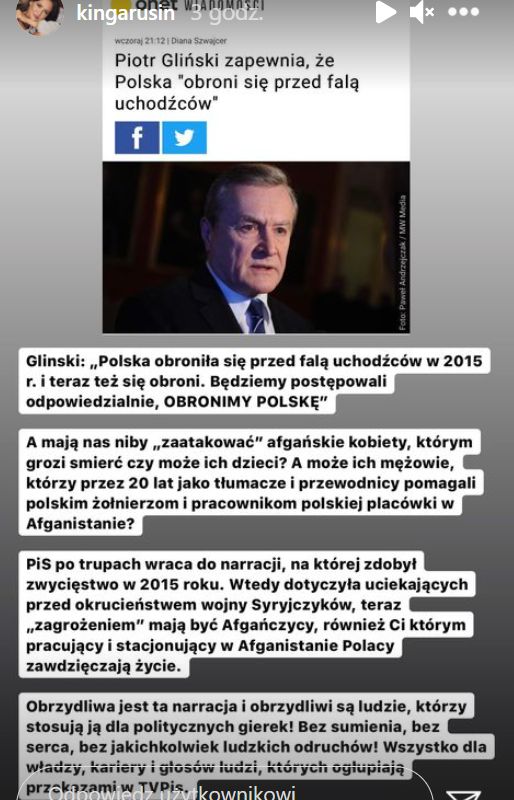 Wpis Kingi Rusin dotyczący słów ministra Glińskiego.
