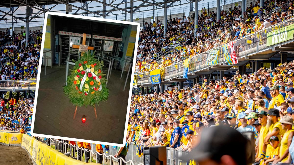 WP SportoweFakty / Tomasz Jocz / twitter.com/sialatv / Na zdjęciu: stadion w Gorzowie Wielkopolskim, na mniejszym zdjęciu ustawiony wieniec