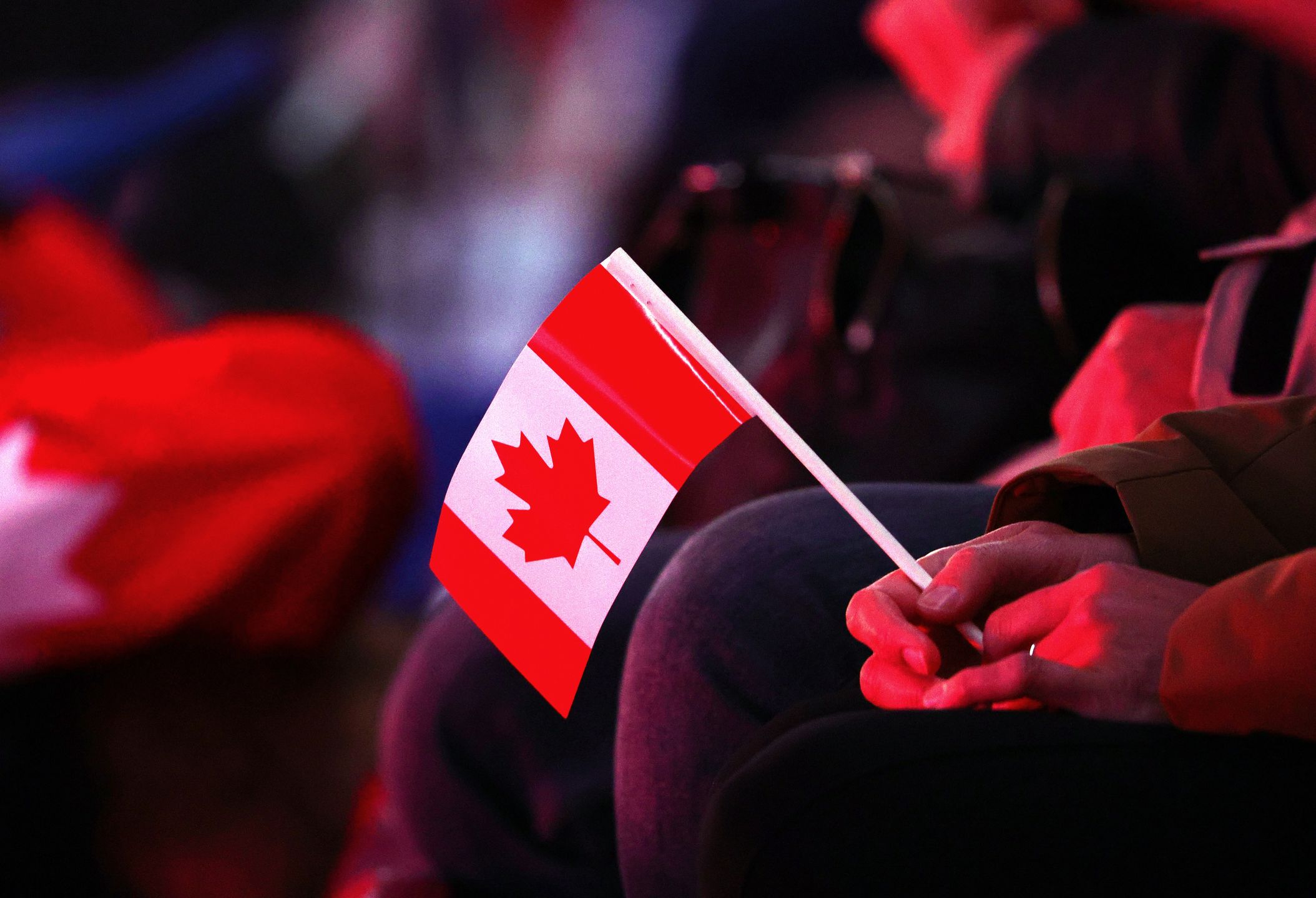 MONTREAL, QUEBEC - FEBRUARY 15: A small Canadian flag is seen before the 4 Nations Face-Off game between the United States and Canada at Bell Centre on February 15, 2025 in Montreal, Quebec. (Photo by Vitor Munhoz/4NFO/World Cup of Hockey via Getty Images)