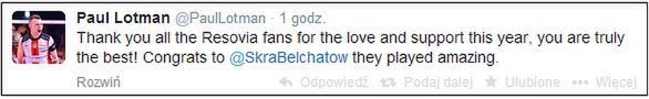 "Dziękuję wszystkim fanom Resovii za miłość i wsparcie w tym roku. Jesteście naprawdę najlepsi! Gratulacje dla PGE Skry Bełchatów, zagrali niesamowicie"