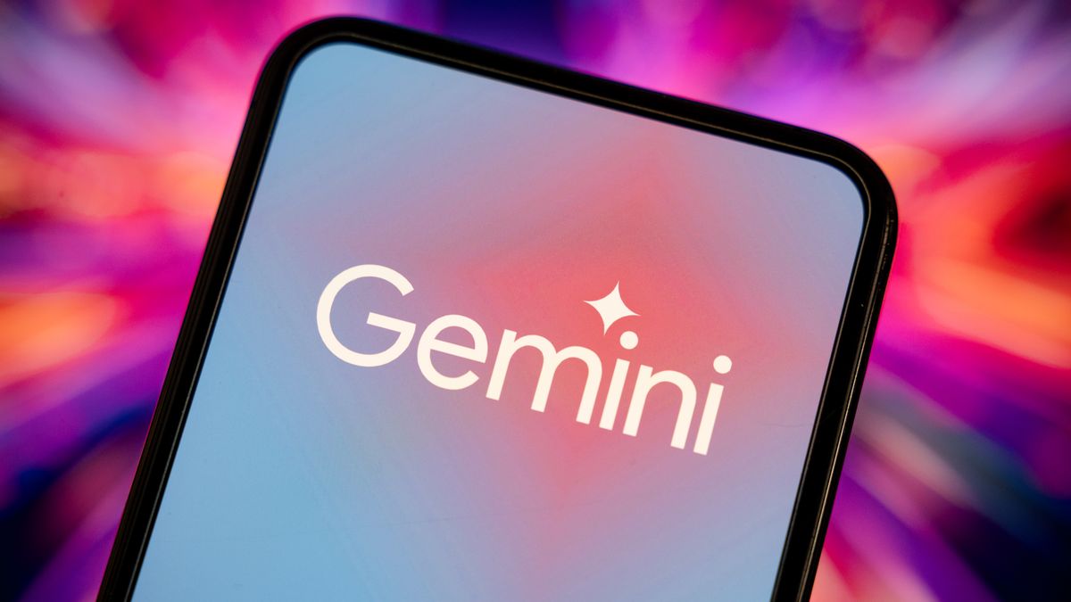 This illustration photo shows the logo of Google's artificial intelligence (AI) application, Gemini, displayed on a phone screen with a colored background of blue and pink, in Paris, France, on February 6, 2025. (Photo by Samuel Boivin/NurPhoto via Getty Images)