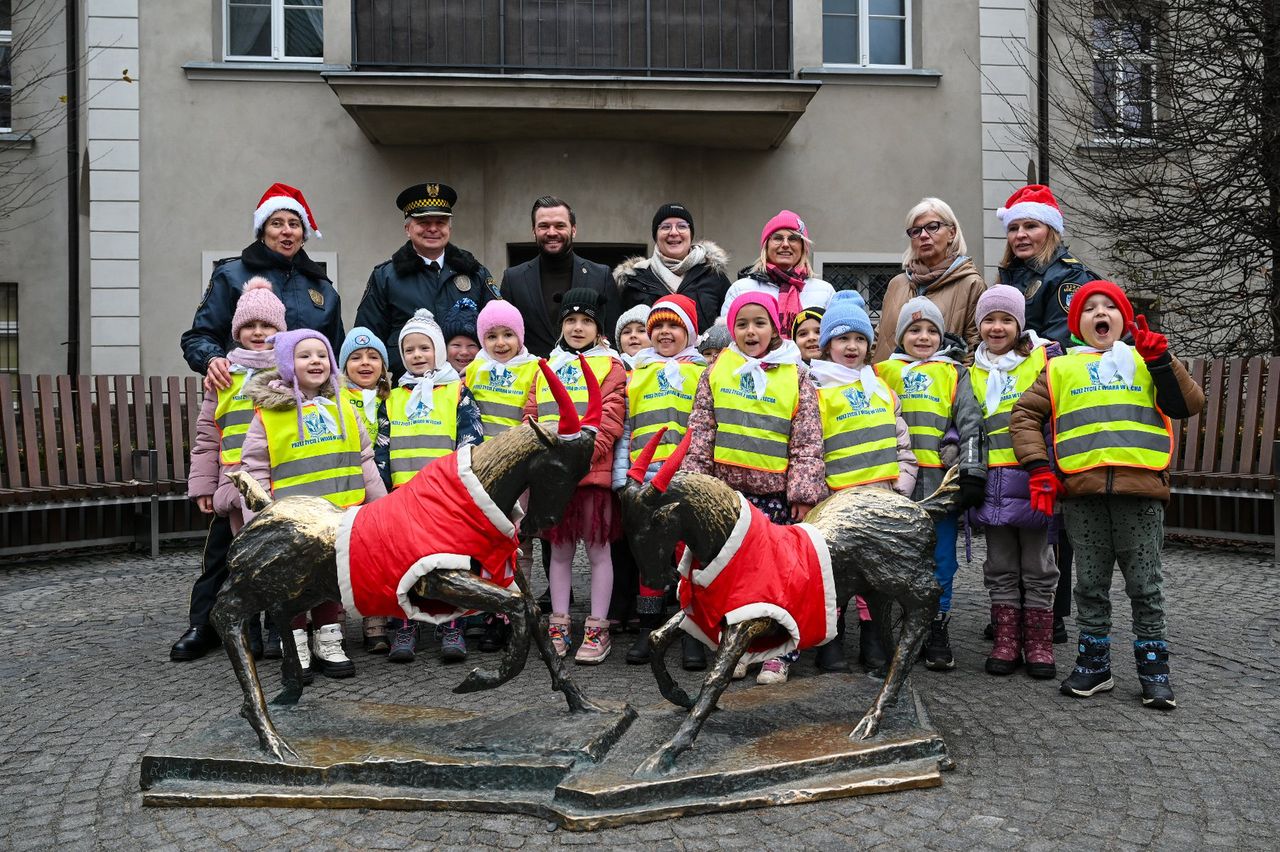 Poznańskie koziołki gotowe na zimę. Przedszkolaki ubrały rzeźbę w świąteczne stroje