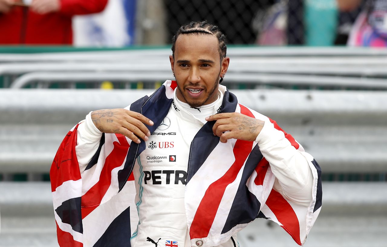 Mercedes driver Lewis Hamilton celebrates winning the British Grand Prix during the British Grand Prix (Photo by Martin Rickett/PA Images via Getty Images)