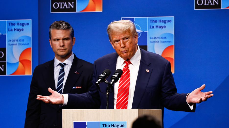 US President Donald Trump, right, during a news conference with Pete Hegseth, US secretary of defense, at the North Atlantic Treaty Organization (NATO) summit in The Hague, Netherlands, on Wednesday, June 25, 2025. The NATO leaders are meeting against the backdrop of heightened tensions in the Middle East. Photographer: Simon Wohlfahrt/Bloomberg via Getty Images