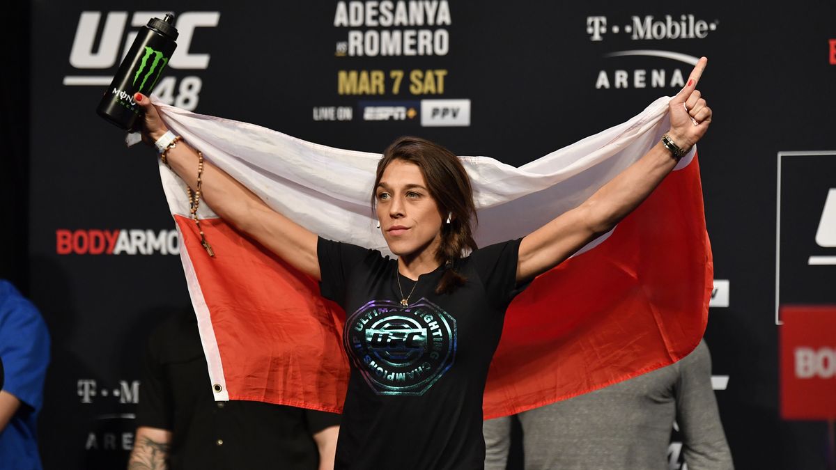 LAS VEGAS, NEVADA - MARCH 06: Joanna Jedrzejczyk of Poland poses on the stage during the UFC 248 weigh-in at T-Mobile Arena on March 06, 2020 in Las Vegas, Nevada. (Photo by Jeff Bottari/Zuffa LLC)