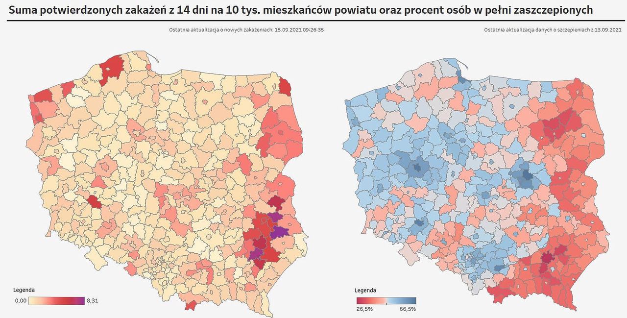 Czwarta fala COVID-19. Pierwsze powiaty (zaznaczone na fioletowo) zbliżają się do granicy wprowadzenia lokalnych obostrzeń. To zarazem regiony gdzie było mało szczepień przeciwko koronawirusowi. 