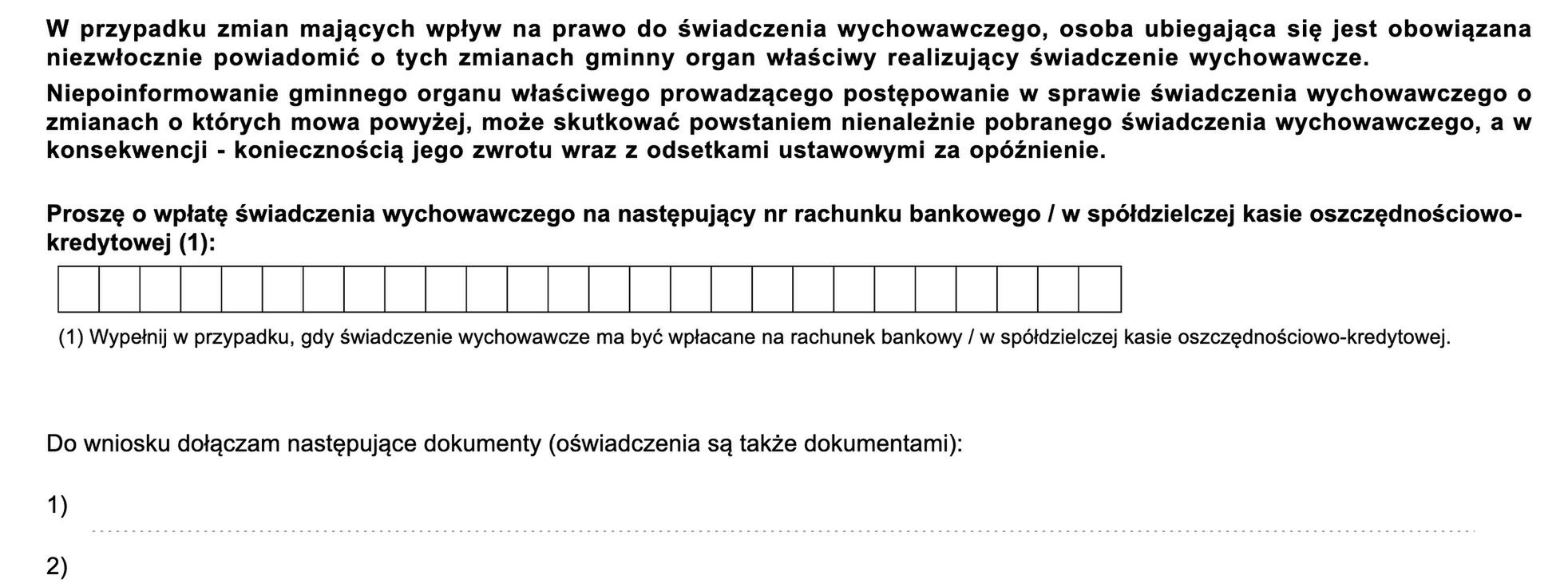 Najważniejsze pole wniosku - dotyczy numeru konta bankowego