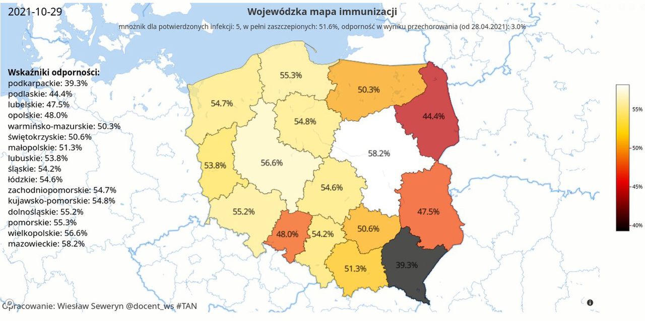 Covid-19. Mapa szacowanej immunizacji w regionach. Pokazuje, gdzie IV fala może wywołac największe problemy