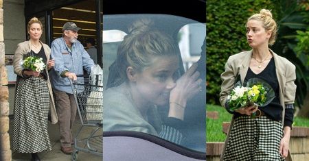 "Romantyczna" Amber Heard w sweterku za 1300 złotych i bukietem kwiatków w dłoni robi zakupy z ojcem (ZDJĘCIA)