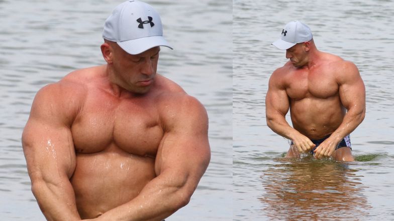 Robert Burneika nad morzem z rodziną