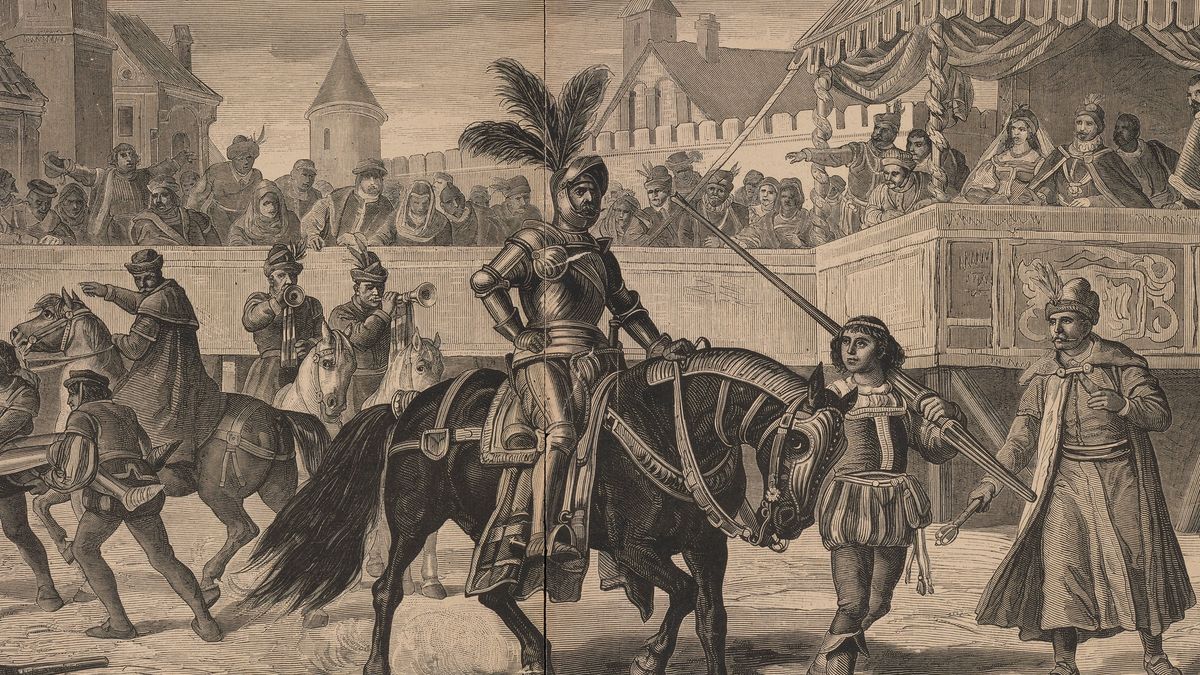 Victorious Knight Entering a Medieval TournamentA dramatic wide-angle engraving of a knight in full armor on a horse entering a tournament arena, surrounded by cheering crowds, heralds, and a royal box.PATSTOCK