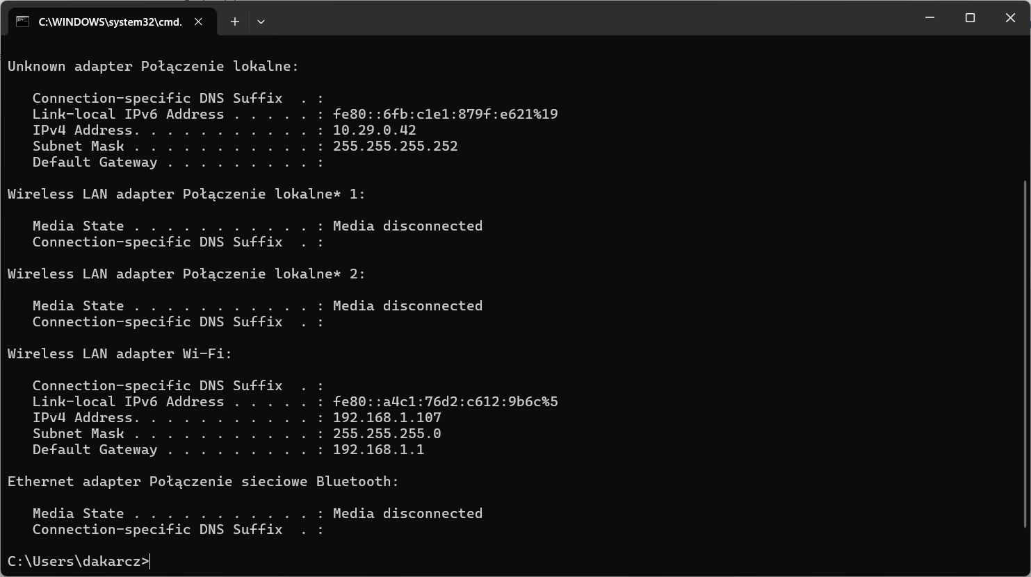 ipconfig – sprawdzanie ustawień sieci
