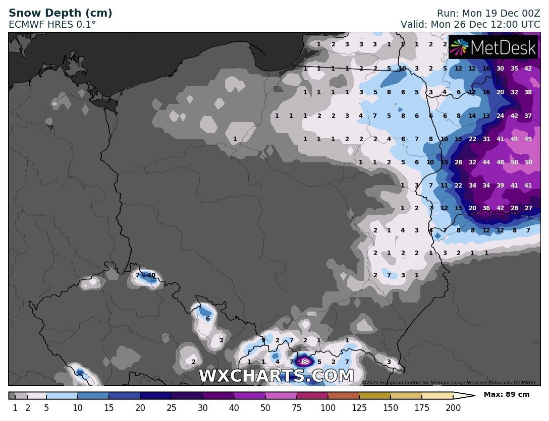 Prognozowana pokrywa śnieżna – 26 grudnia 2022, godzina 11:00