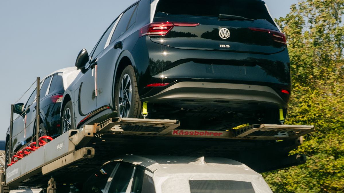 Newly manufactured Volkswagen AG (VW) cars on a transporter near the VW factory in Zwickau, Germany, on Wednesday, Sept. 4, 2024. Volkswagen defended plans to consider unprecedented factory closures in Germany, saying flagging car sales have left the company with about two plants too many. Photographer: Iona Dutz/Bloomberg via Getty Images