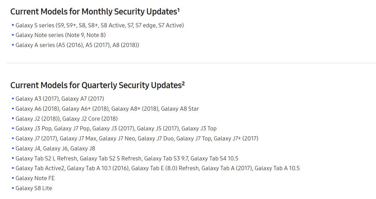 Bieżąca lista smartfonów Samsunga, dla których wydawane są aktualizacje bezpieczeństwa, źródło: Samsunga.