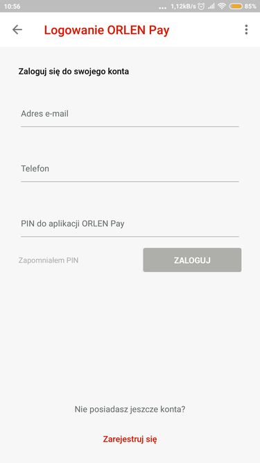 widok logowania w Orlen Mobile