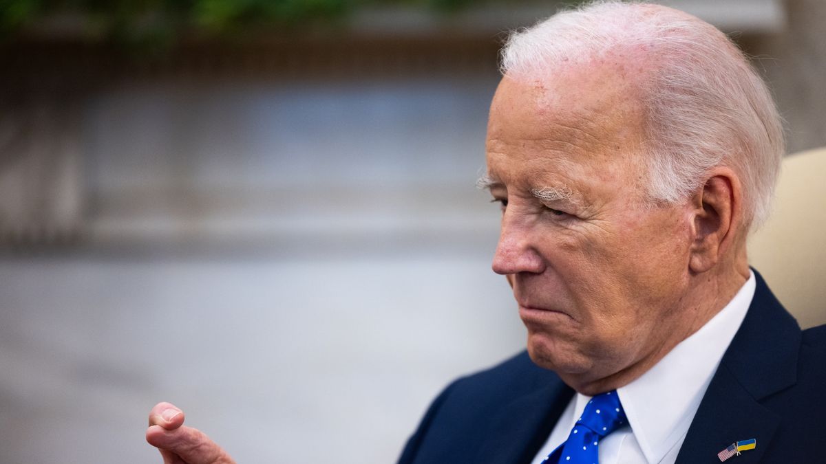 US President Joe Biden during a meeting with Olaf Scholz, Germany's chancellor, not pictured, in the Oval Office of the White House in Washington, DC, US, on Friday, Feb. 9, 2024. Scholz warned of the dangers of a Russian victory if Ukraine's allies don't increase military support and financial aid, ahead of a meeting with US President Joe Biden. Photographer: Julia Nikhinson/UPI/Bloomberg via Getty Images
