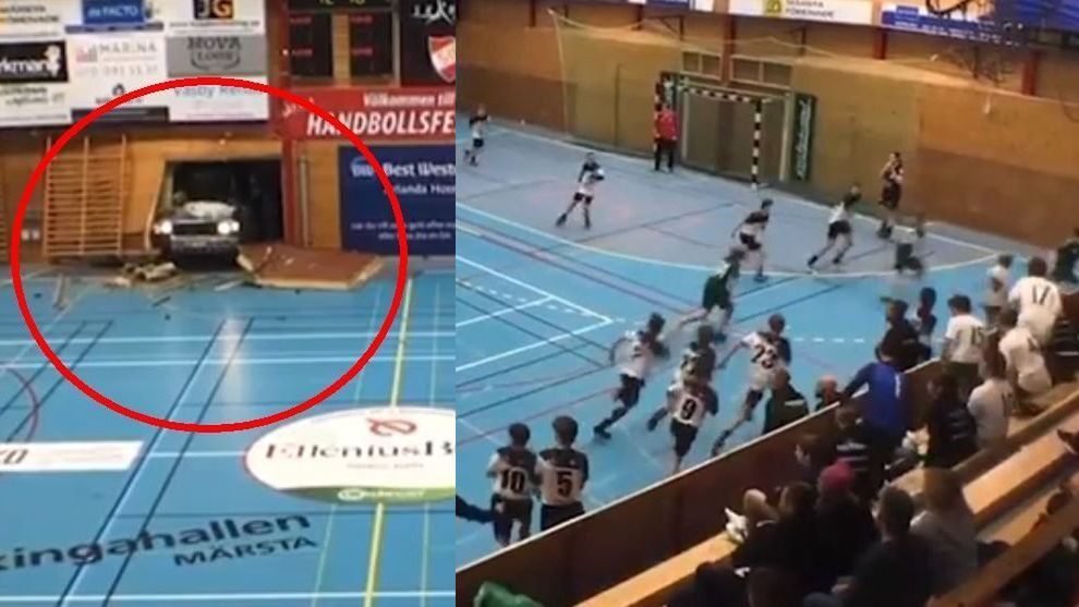 panika w hali w Szwecji na meczu piłki ręcznej po tym jak ścianę budynku przebił samochód