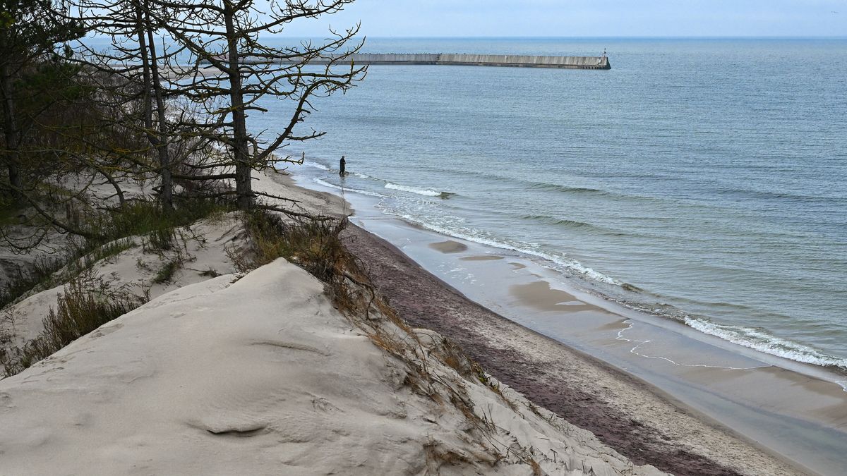 Mielno, 03.11.2025. Fioletowy piasek na plaży w Mielnie, 3 bm. Fioletowy kolor piasku to wynik obecności minerałów bogatych w żelazo, takich jak granaty i magnetyt, które pod wpływem falowania morza i działania wiatru tworzą na powierzchni piasku bordowo-fioletowe smugi. Fioletowy pas ma długość około czterystu metrów. (ad) PAP/ Piotr Kowala