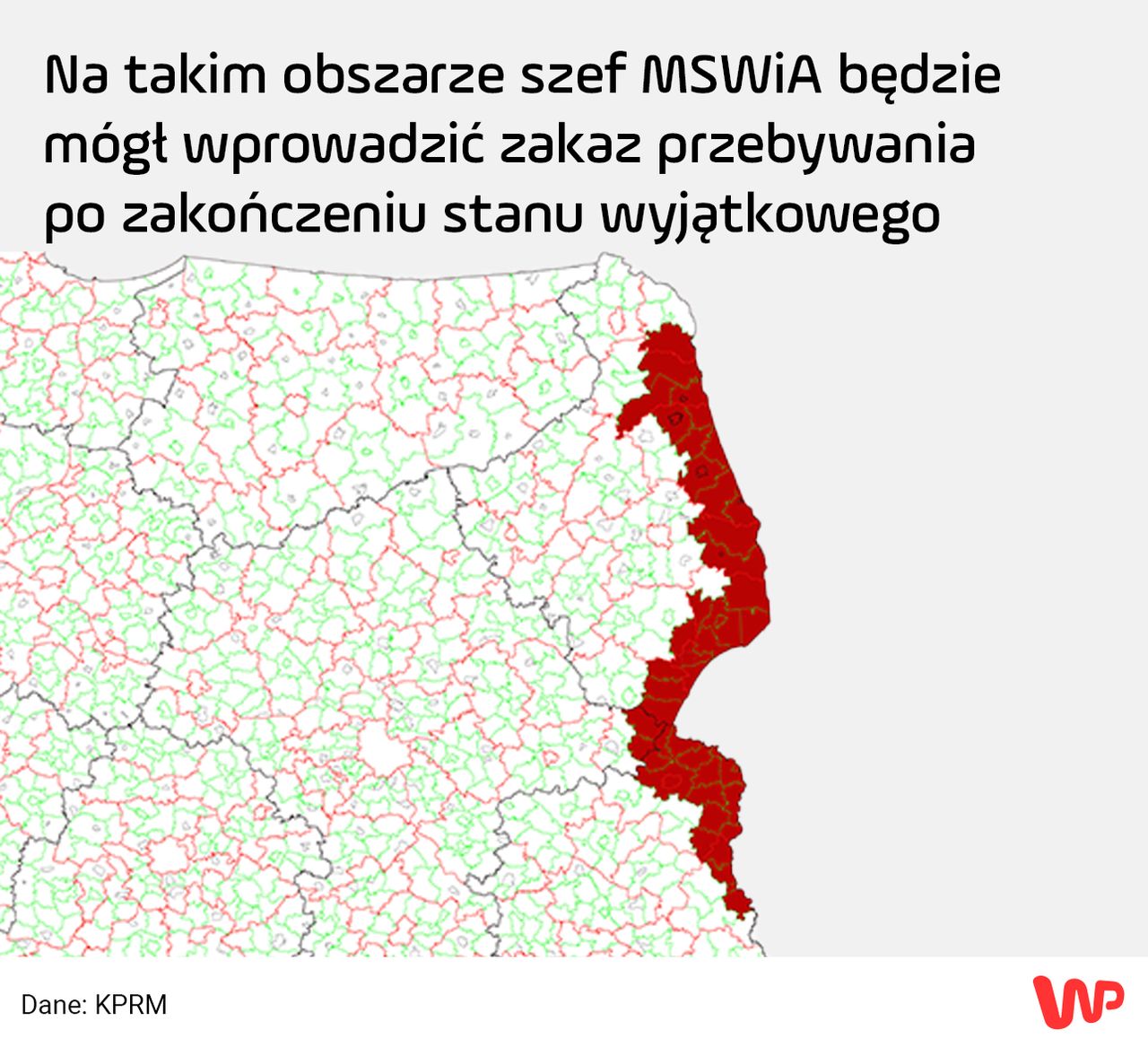 Poglądowa mapa obszaru, na którym szef MSWiA będzie mógł wprowadzić zakaz przebywania 