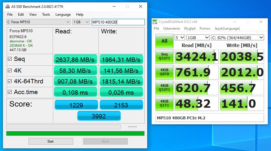 Prędkość zapisu i odczytu zamontowanego dysku SSD Crucial.