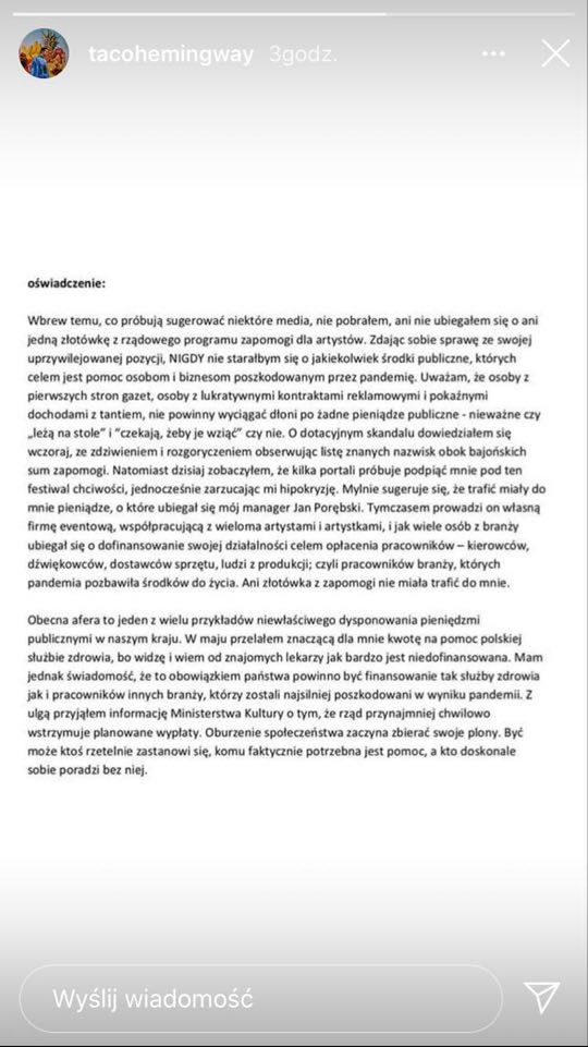 Taco Hemingway krytykuje sławnych beneficjentów Funduszu Wsparcia Kultury