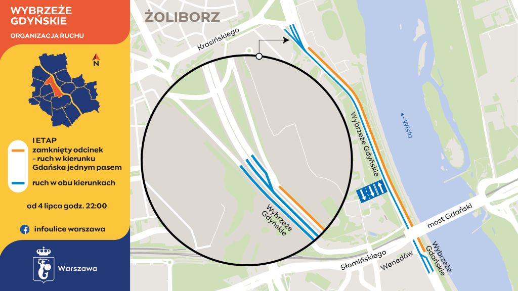 Infografika przedstawia organizację ruchu podczas pierwszego etapu remontu ulicy Wybrzeże Gdyńskie, od ulicy Wenedów do wiaduktem nad skrzyżowaniem z ulicą Krasińskiego.