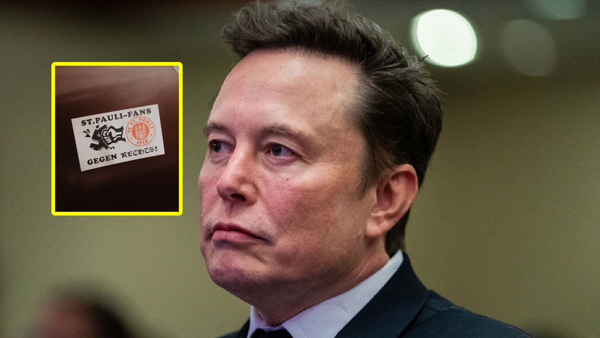 PAP/EPA / ALLISON ROBBERT / POOL / FC St. Pauli / Na zdjęciu: Elon Musk i wlepka kibiców FC St. Pauli