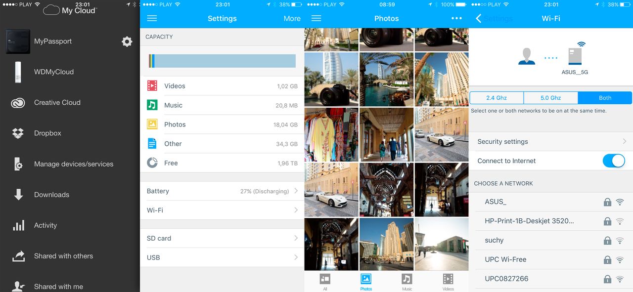 Zrzuty ekranu z aplikacji WD My Cloud na iOS
