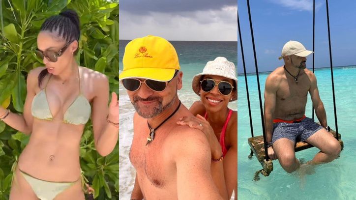 Omenaa Mensah i Rafał Brzoska chwalą się efektami ćwiczeń, prężąc mięśnie na malediwskiej plaży 