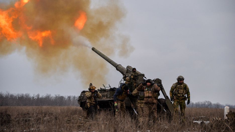 UKRAINE - 2023/02/05: Ukrainian artillery teams fire Pions toward Russian positions in Bakhmut. Artillery continues to play a significant role in the war against Russian forces in Donbas. (Photo by Madeleine Kelly/SOPA Images/LightRocket via Getty Images)