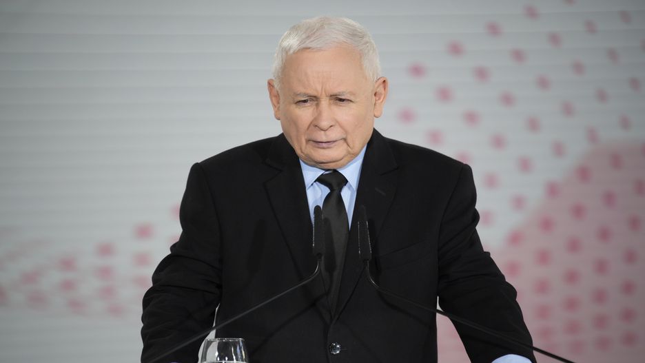 Former de facto leader of Poland Jaroslaw Kaczynski and former Prime Minister Mateusz Morawiecki hold a press conference in Warsaw, Poland on 19 March, 2024. (Photo by Jaap Arriens/NurPhoto via Getty Images)