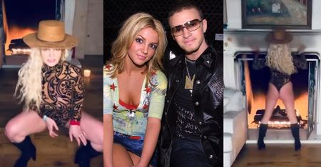 Britney Spears w panterkowym body wygina się przy kominku do utworu Justina Timberlake'a