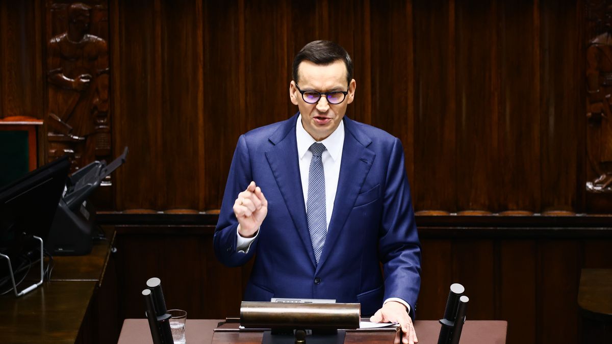 Prime Minister of Poland, Mateusz Morawiecki, speaks in the parliament session in Warsaw, Poland on December 11, 2023. Donald Tusk, head of a pro-European alliance, is expected to become Poland's prime minister this week, almost two months after the election.  (Photo by Beata Zawrzel/NurPhoto via Getty Images)