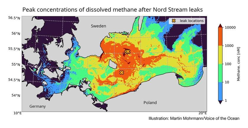 Mapa maksymalnego stężenia metanu w płd. Bałtyku po wycieku 2022