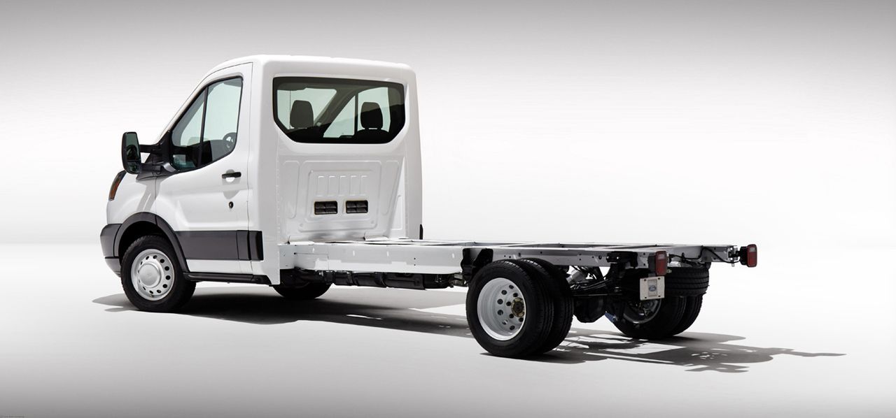 Ford Transit: Chassis cab and cutaway models employ a unique uni-ladder construction, combining a unibody cab with rear frame rails. The chassis cab and cutaway versions feature boron steel for stiffness. The frame rails underpin 100 percent of the cab area. (03/04/2013)