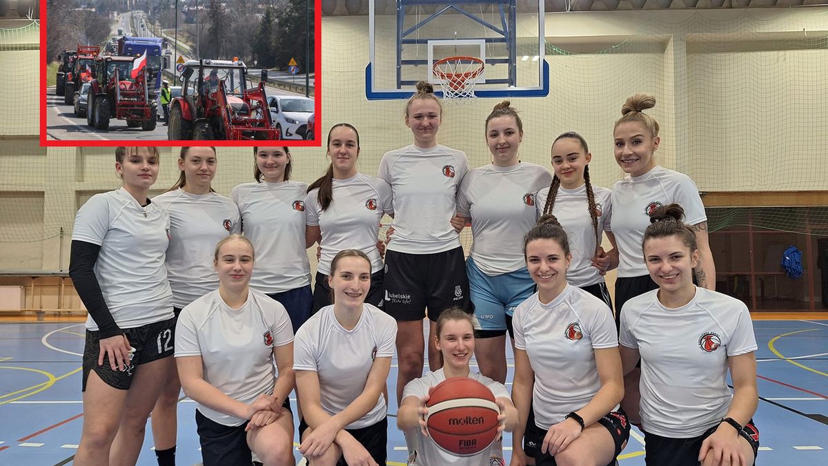 Facebook / Łódzki Klub Sportowy / Na zdjęciu: koszykarki ŁKSu KK Łódź, w ramce protest rolników