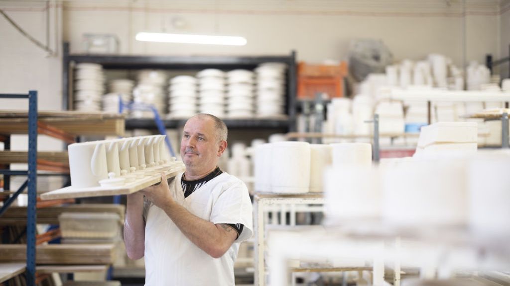 Production Of Commentative Coronation China Products At The Halcyon Days Ltd. Factory
A worker carries fine bone china teapots at the Halcyon Days Ltd., factory in Stoke-on-Trent, UK, on Monday, April 17, 2023. On May 6, Charles Philip Arthur George will be, at 74, the oldest monarch ever crowned in the grand Westminster Abbey ceremony that dates to the 11th century. Photographer: Jason Alden/Bloomberg via Getty Images
Bloomberg
homeware, commemorate, manufacture, commemorative, british, fabrication, souvenirs, consumer discretionary, business news, emea, consumer goods, collectibles, british royal family, industries