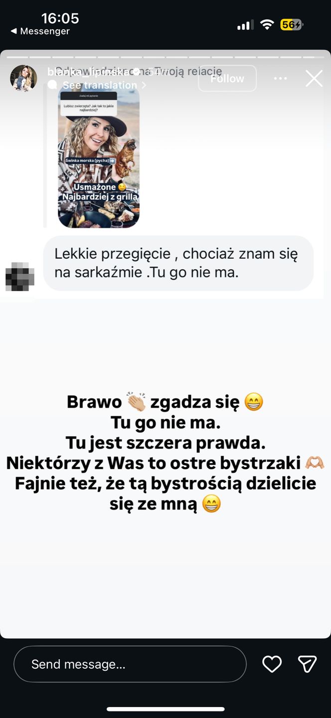 Blanka Lipińska o smażonej śwince morskiej