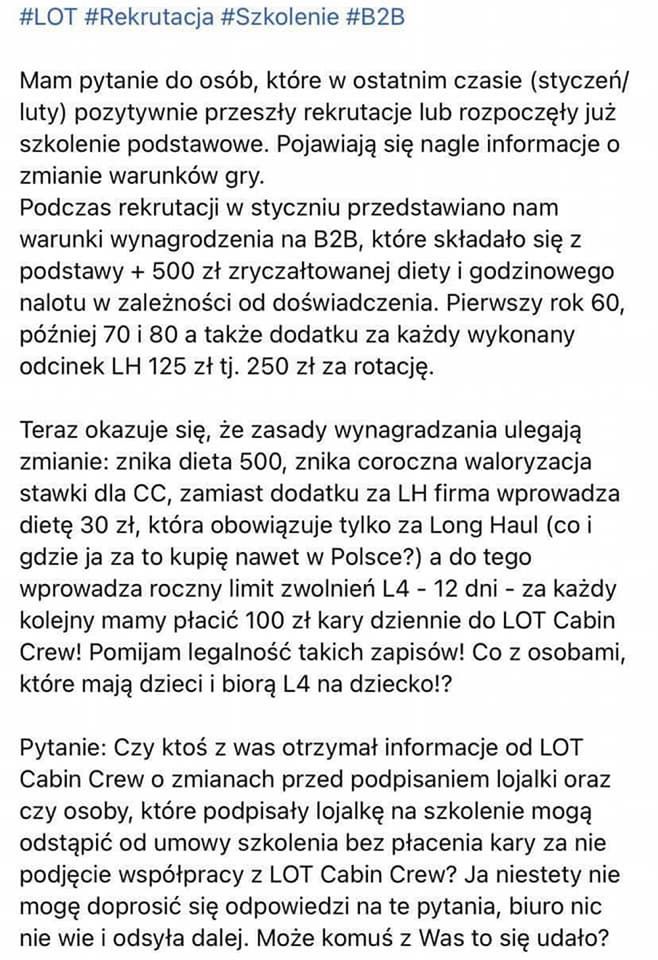 Wpis opisujący nowe zasady wynagrodzeń w LOT Cabin Crew