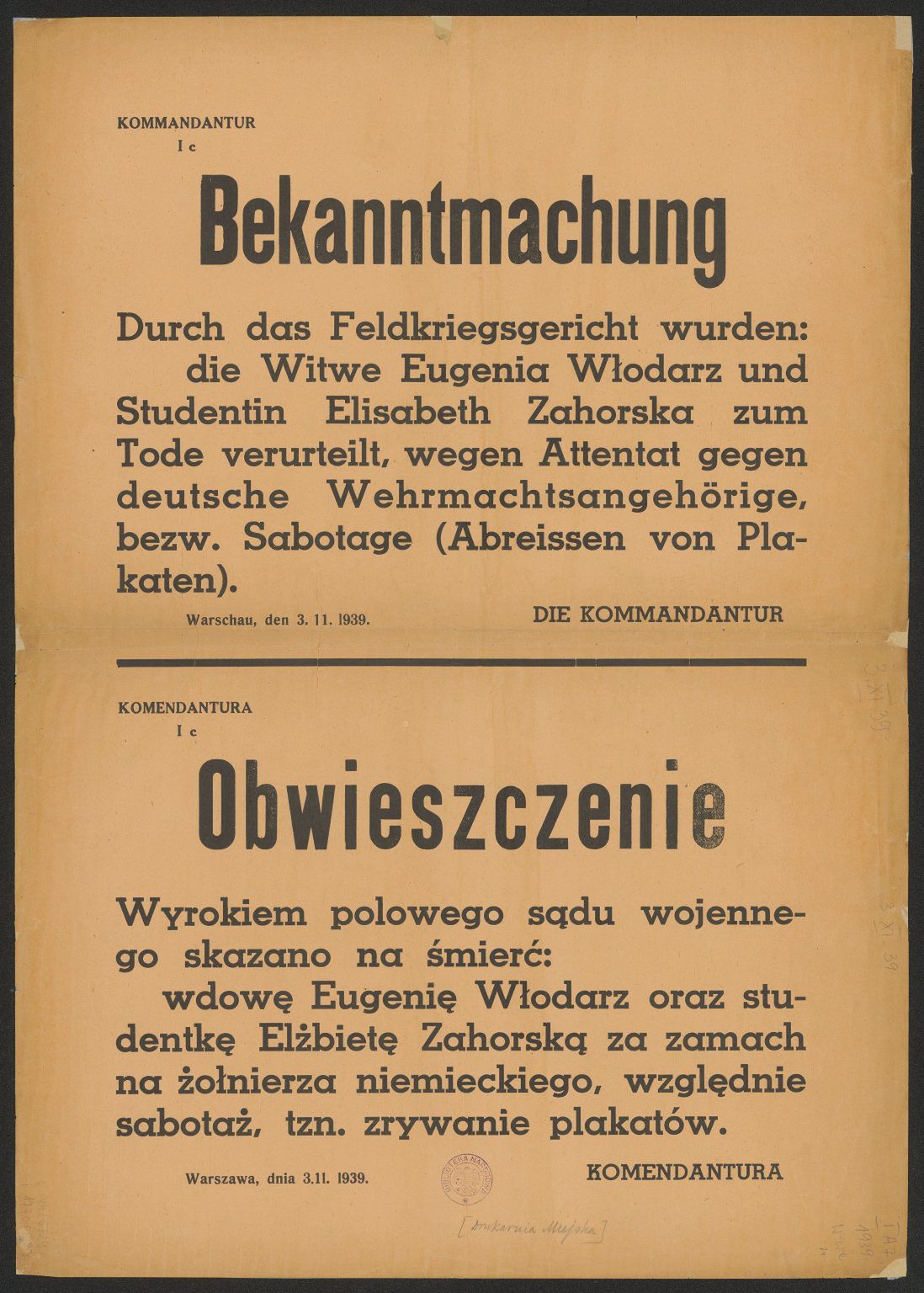 Obwieszczenie z 3 listopada 1939 roku o skazaniu na śmierć Eugenii Włodarz i Elżbiety Zahorskiej 