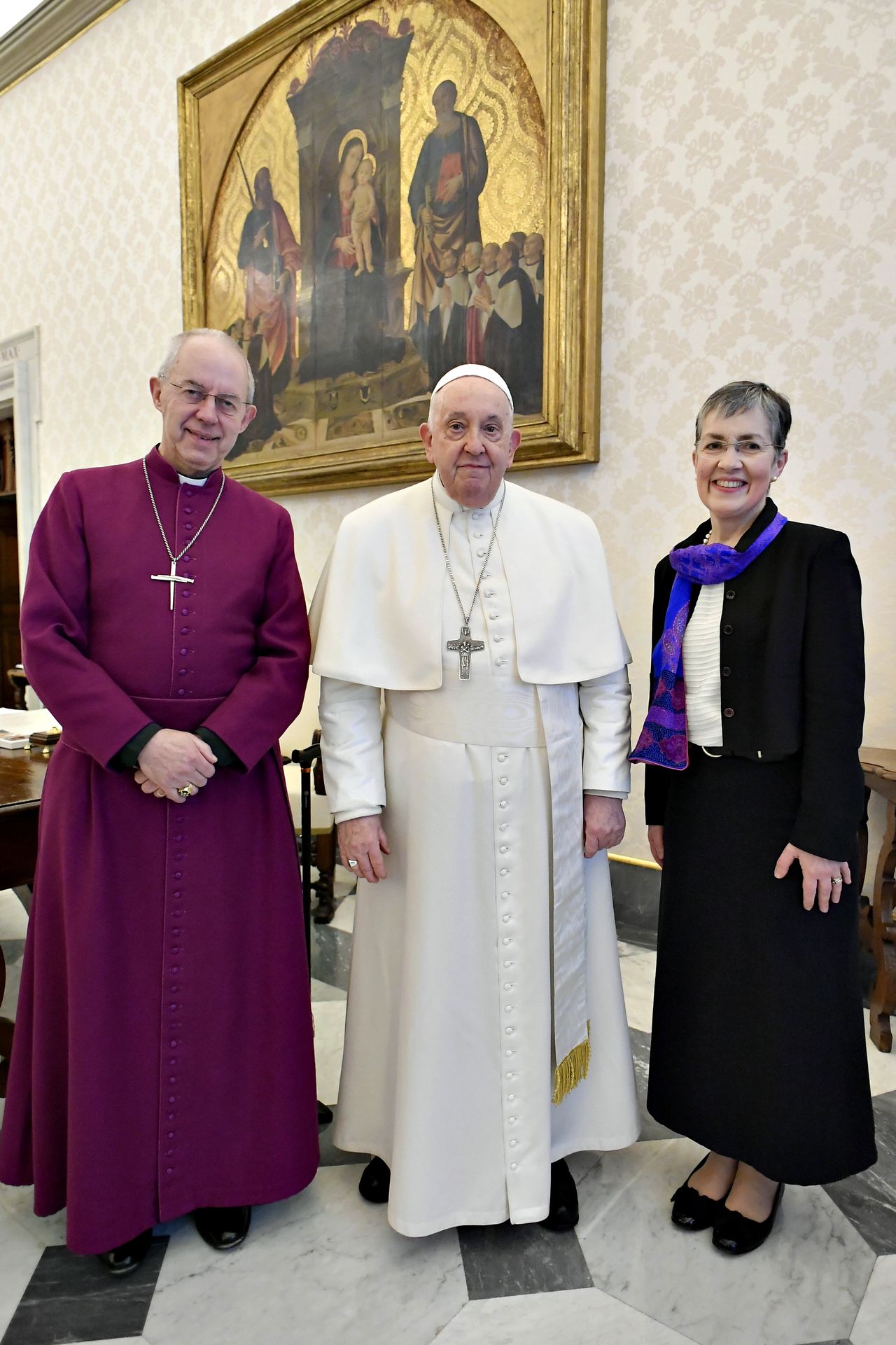 VATICAN CITY, VATICAN - JANUARY 25: (EDITOR NOTE: STRICTLY EDITORIAL USE ONLY - NO MERCHANDISING) Pope Francis meets with Archbishop of Canterbury, Justin Welby and  his wife Caroline Eaton during an audience at the Apostolic Palace on January 25, 2024 in Vatican City, Vatican. (Photo by Vatican Media via Vatican Pool/Getty Images)