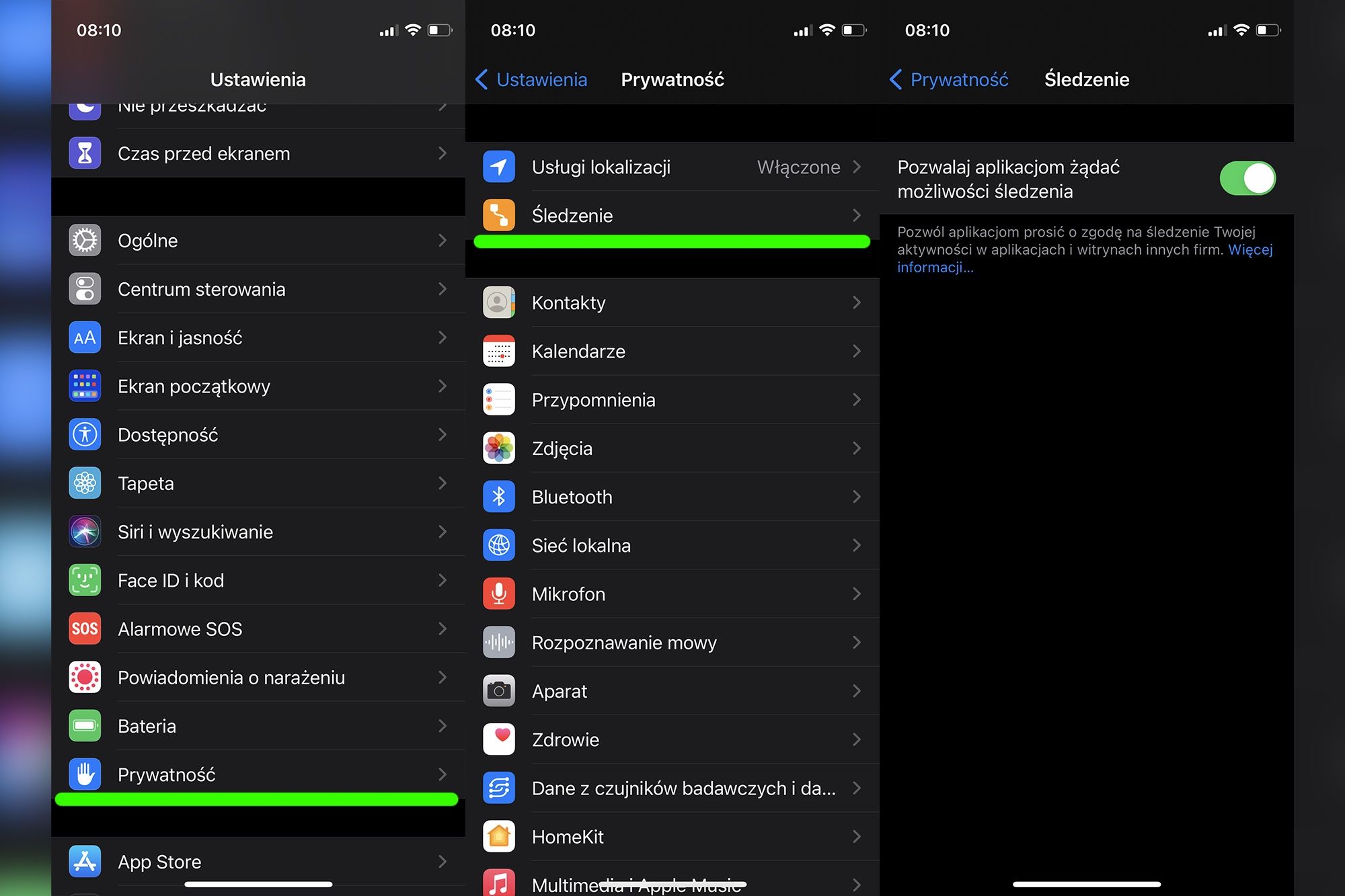 Menu prywatności w iOS 14.5