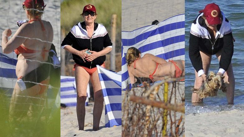 Grażyna Szapołowska na plaży w Juracie wystawia się na słońce w czerwonym bikini (ZDJĘCIA)