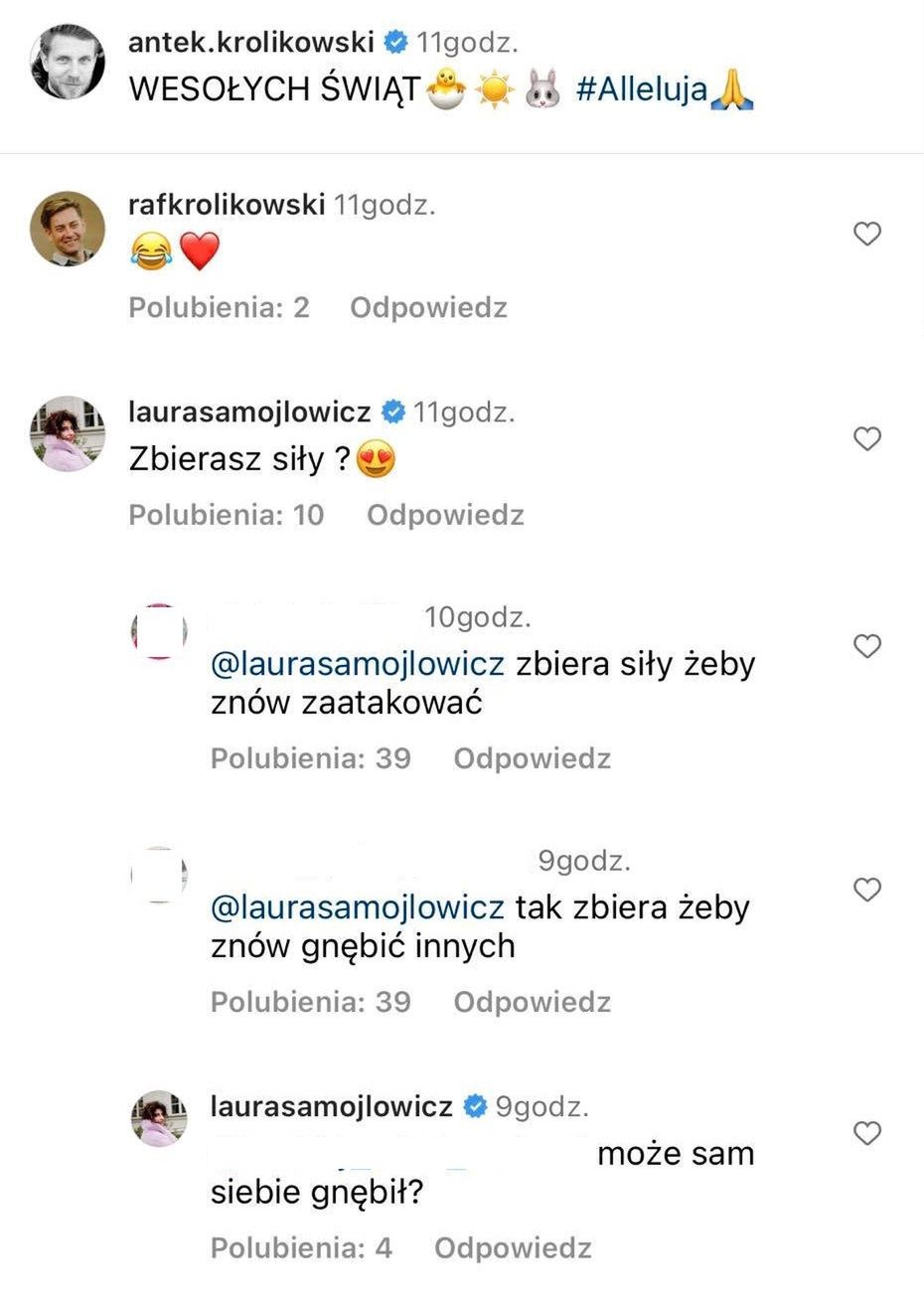Laura Samojłowicz dyskutuje z internautam pod postem Królikowskiego
