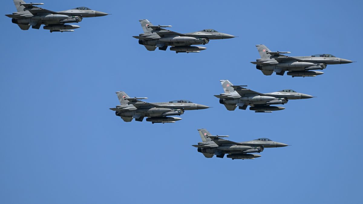 Poland Marks 105th Anniversary Of Battle Of Warsaw With Record-Breaking Armed Forces Parade
WARSAW, POLAND  AUGUST 15:
A squadron of Polish Air Force F-16CJ Fighting Falcon jets soars over Warsaw during the Armed Forces Day parade, honoring Poland's 1920 victory over the Soviet Red Army and marking the 105th anniversary of the Battle of Warsaw, on August 15, 2025.
The event featured more than 4,000 Polish troops, about 200 soldiers from allied NATO nations, around 300 military vehicles, and nearly 50 aircraft, making it the largest parade in the country's history. (Photo by Artur Widak/NurPhoto via Getty Images)
NurPhoto
flyover, maneuver, airpower, aerial display, national pride, fighting falcon, national celebration, aerial, aerial squadron., victory, defense, squadron, f-16cj aircraft, power, military aviation, air show, ceremonial, skies, aerospace, polish air force, jets, battle of warsaw, polish, modern military, air demonstration, aviation, fighter jets, soviet red army, aircraft, soar, salute, formation, combat aircraft, patriotic, tactical, commemoration