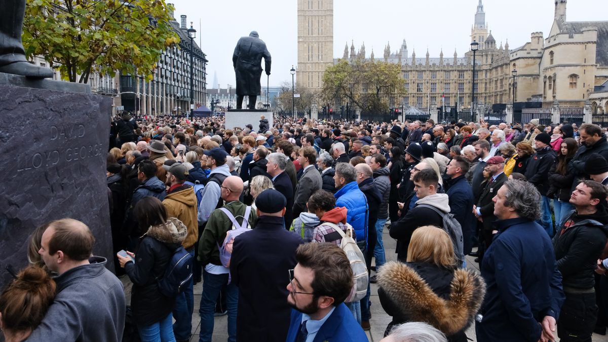 LONDON, UNITED KINGDOM - NOV 10, 2024 -  Observing the two minutes silence at 11am. The crowds around Westminster for the National Service of Remembrance at the Cenotaph. (Photo credit should read Matthew Chattle/Future Publishing via Getty Images)